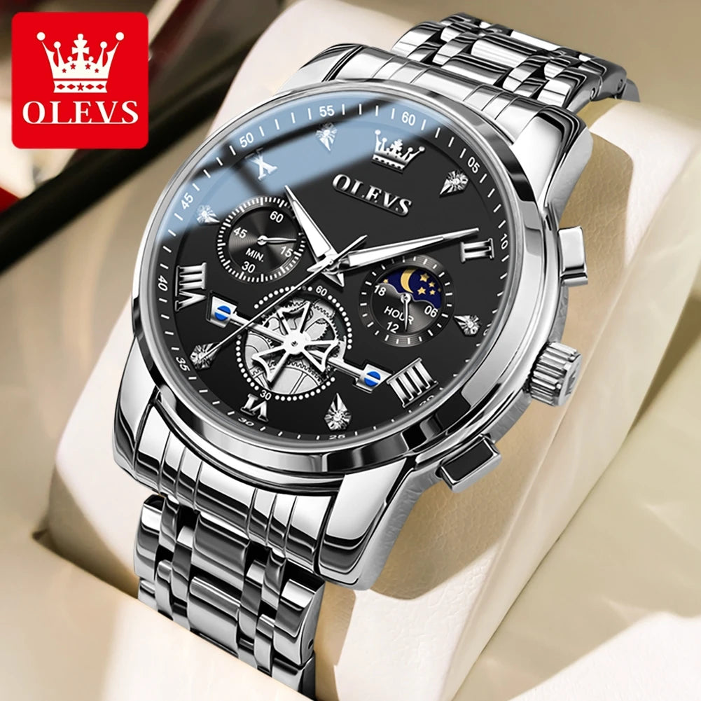 OLEVS Brand New Men's Steel Band Watch Multi Functional Business Fashion Waterproof 2856