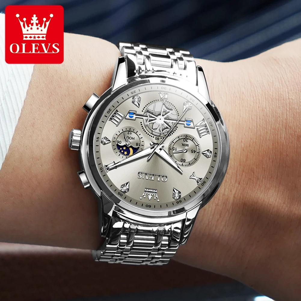 OLEVS Brand New Men's Steel Band Watch Multi Functional Business Fashion Waterproof 2856