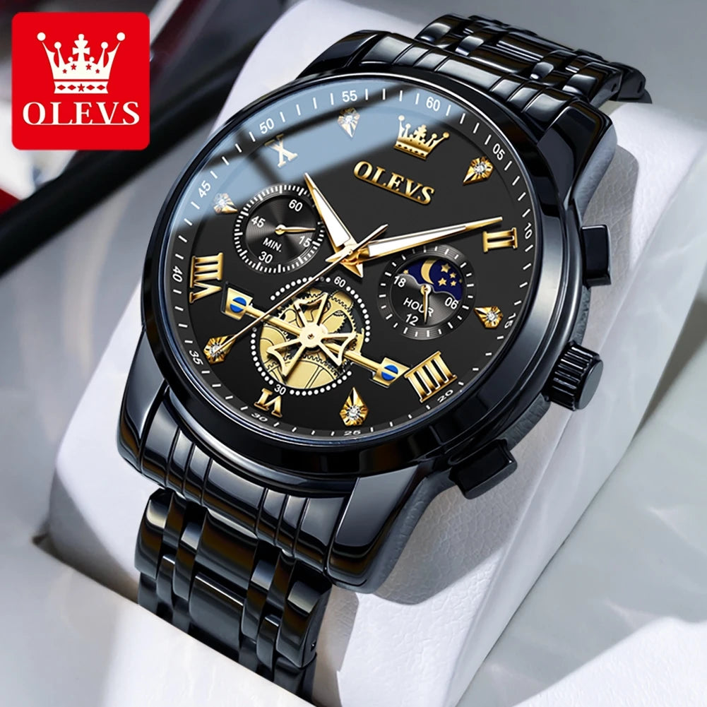 OLEVS Brand New Men's Steel Band Watch Multi Functional Business Fashion Waterproof 2856