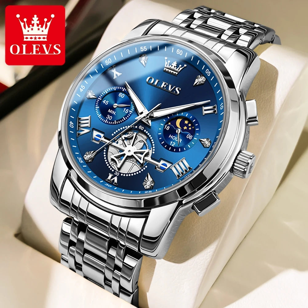 OLEVS Brand New Men's Steel Band Watch Multi Functional Business Fashion Waterproof 2856