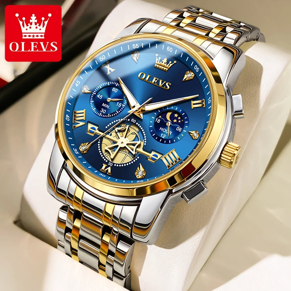 OLEVS Brand New Men's Steel Band Watch Multi Functional Business Fashion Waterproof 2856