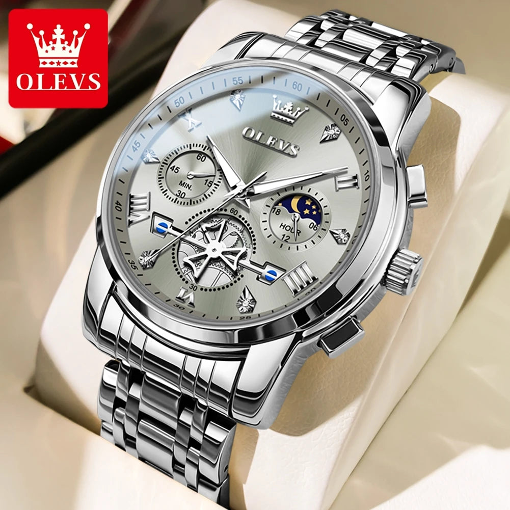 OLEVS Brand New Men's Steel Band Watch Multi Functional Business Fashion Waterproof 2856