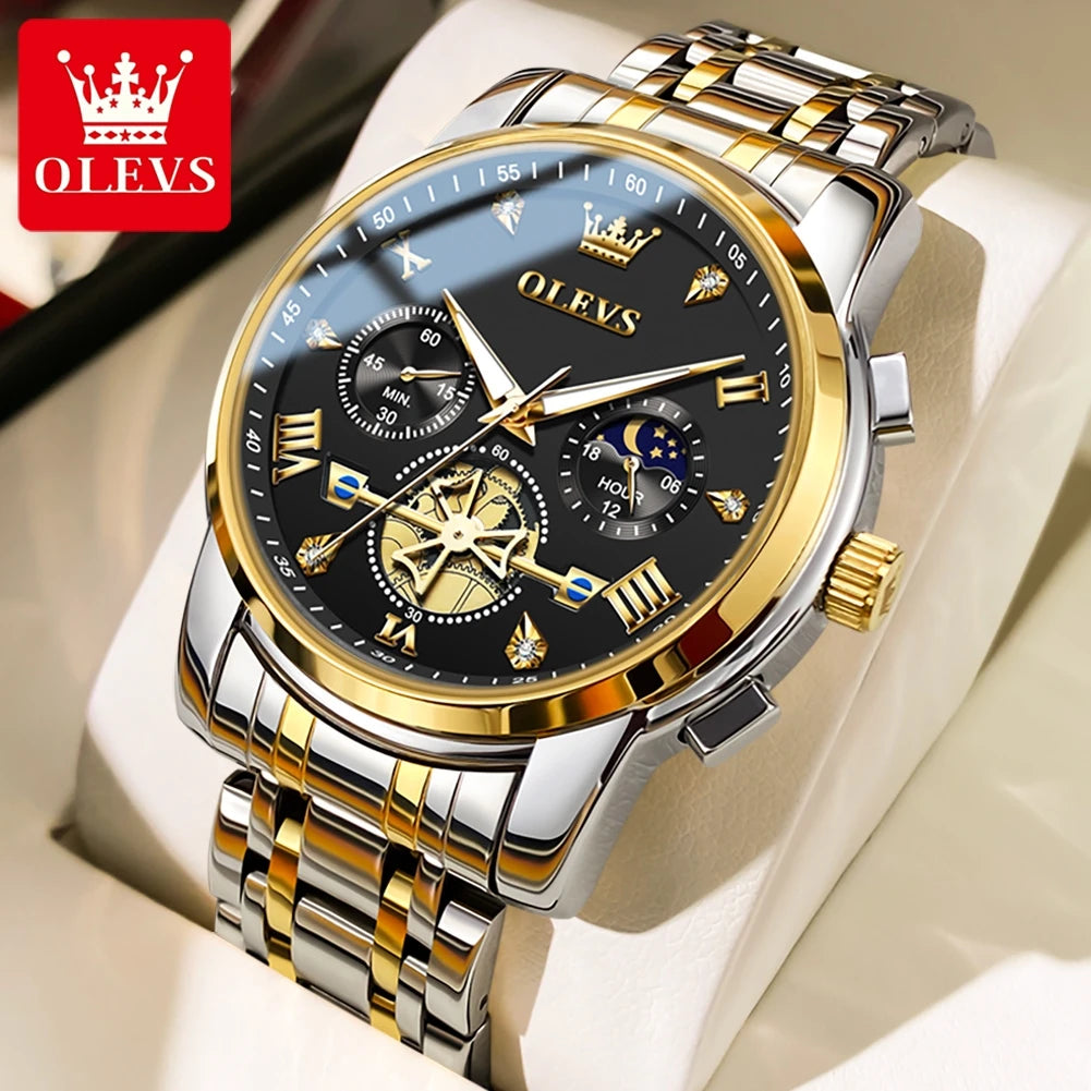 OLEVS Brand New Men's Steel Band Watch Multi Functional Business Fashion Waterproof 2856